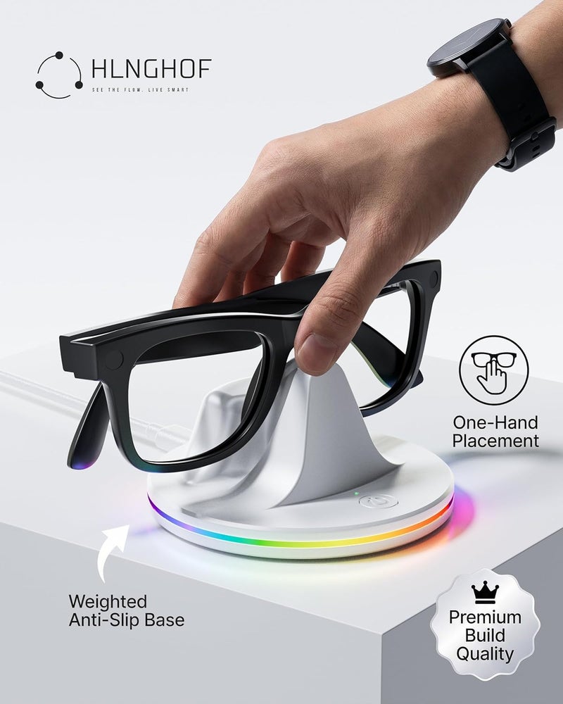 HLNGHOF قاعدة شحن لنظارات راي بان ميتا الذكية – شاحن مكتبي RGB متوافق مع وايفير (الجيل 2)، سكايلا، هيدلاينر وأوكلي HSTN، مدخل نوع-C، ضوء مؤشر LED، شحن سريع خلال 1 ساعة، ABS (أبيض) - Image 4